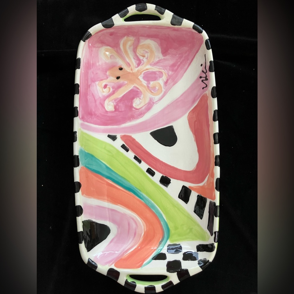 Hand Painted Ceramic Serving Tray w/ Handles Modem Art W/ Octopus Design